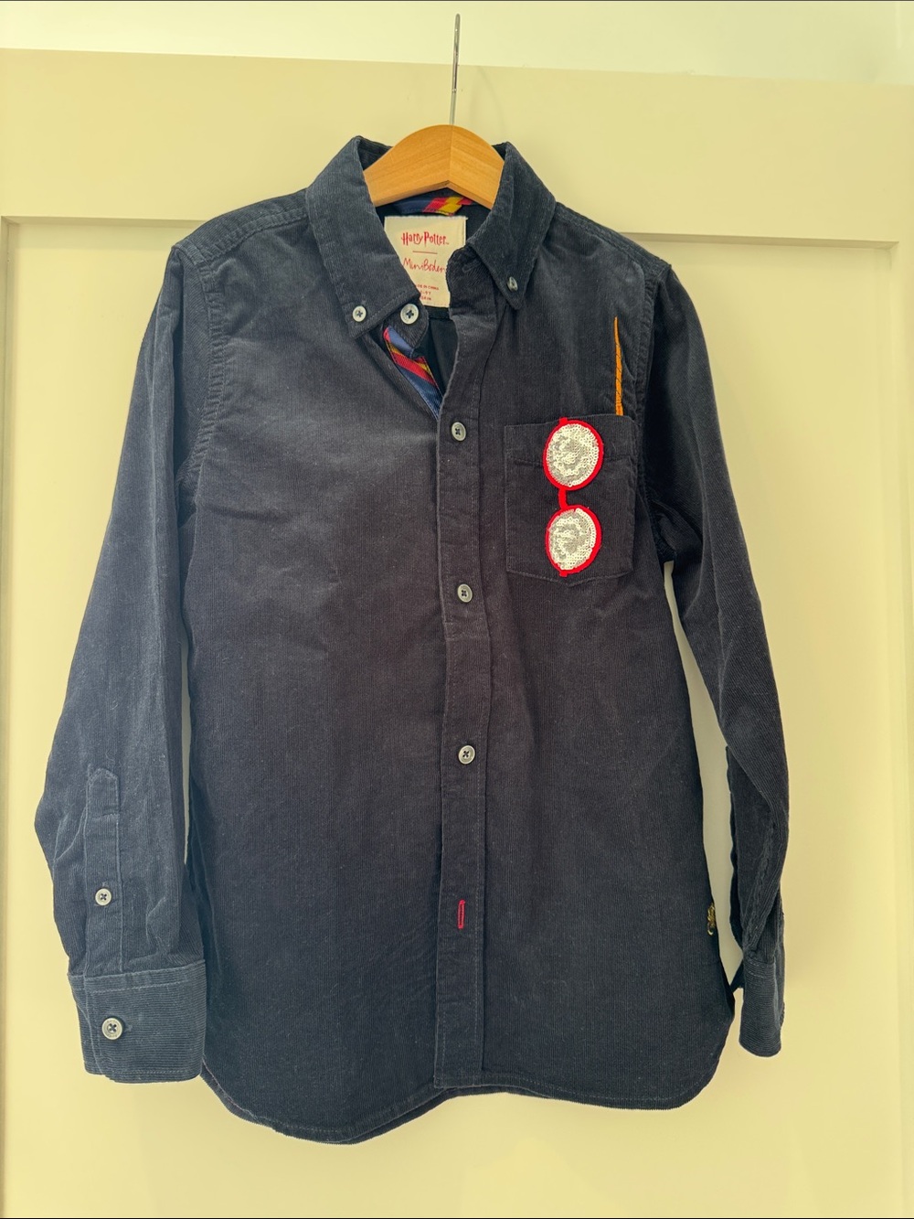 Boden Navy Corduroy Button-Down Shirt with Red Patch Detail
